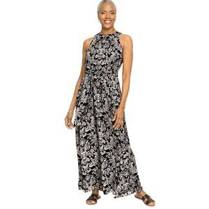 Talbots Halter Sleeveless Tie Waist Maxi Dress Black Cream Medallion